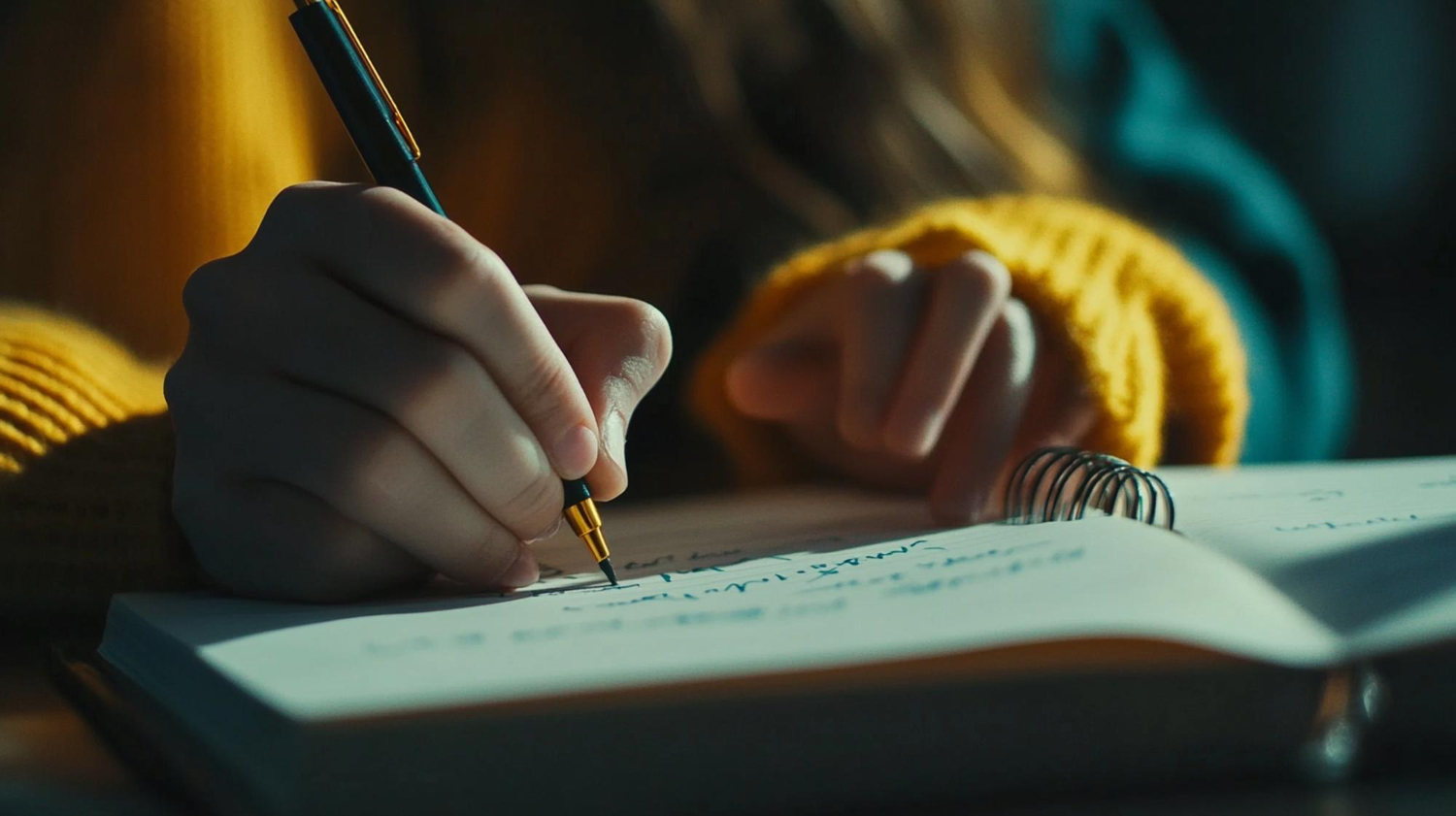 A Woman Is Writing In A Notebook With A Pen